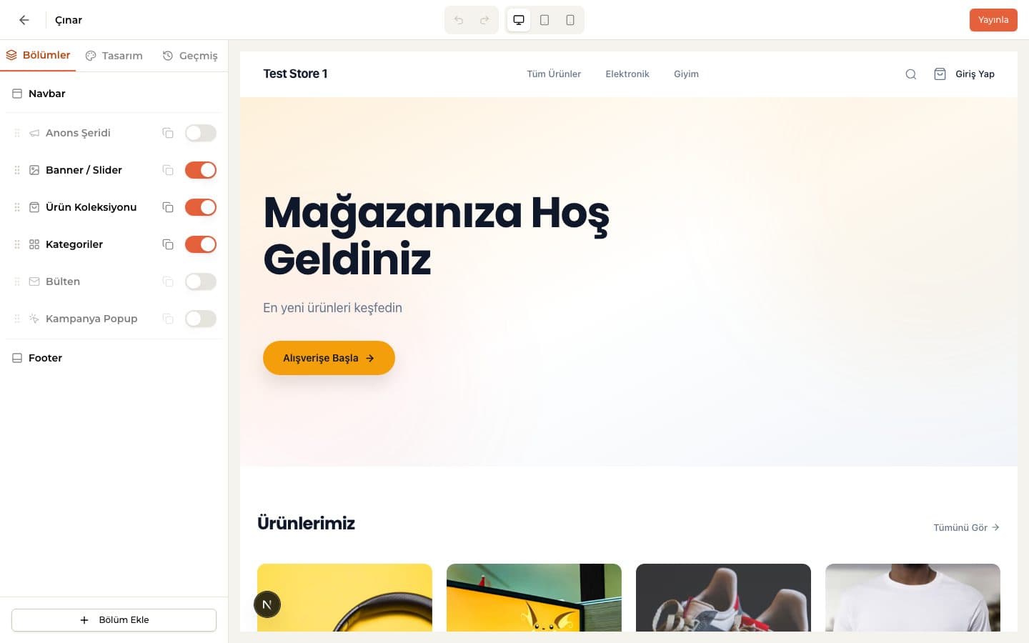 Shopubu tema editörü — sol tarafta bölüm listesi, sağda mağazanın canlı önizlemesi